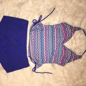 2 piece tankini with colorful chevron design.
